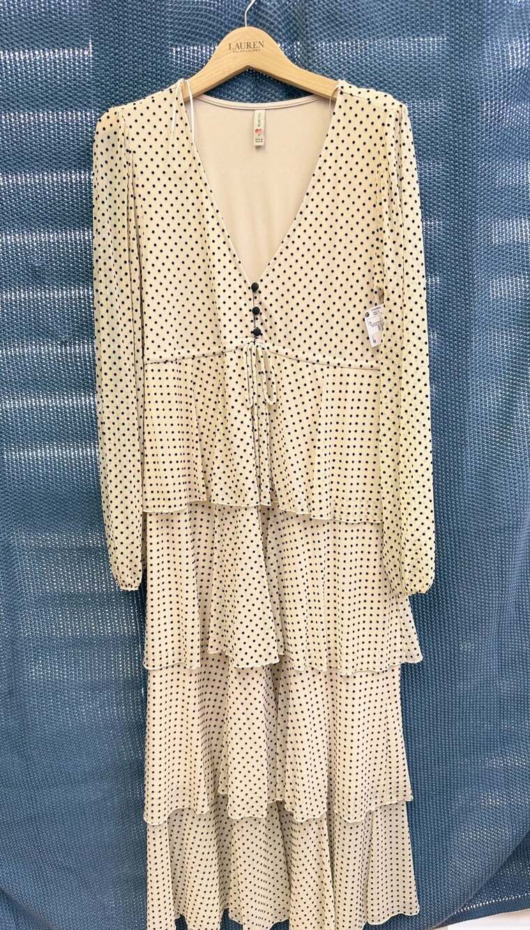 Bluesteel Polka Dot Tiered Long Sleeve Dress Size M Beige Black